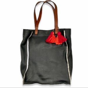 NWOT Lucky Brand Leather Whipstitch Shopping Tote with Tassels